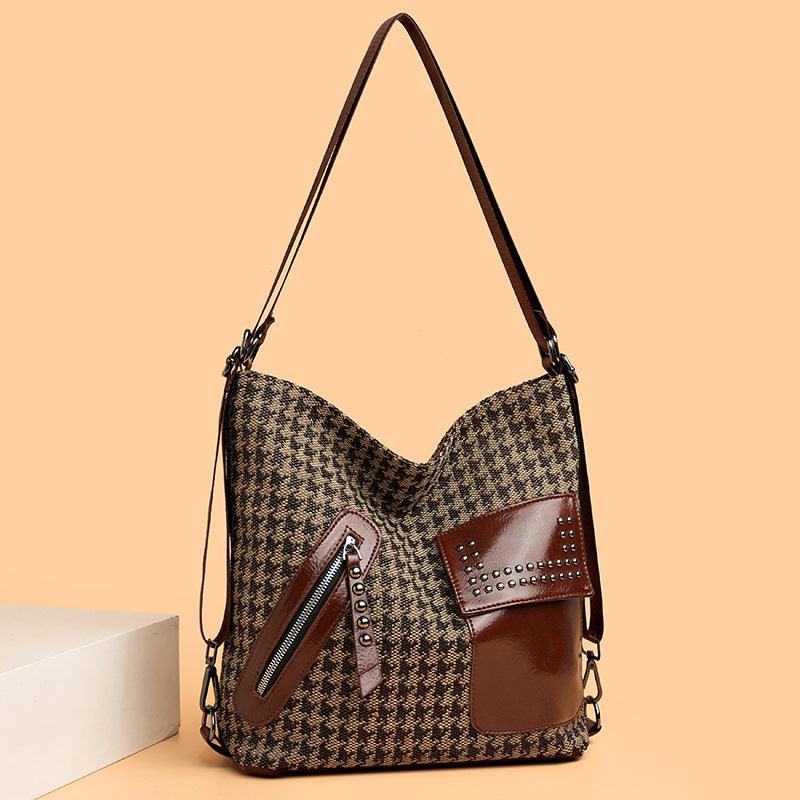 Houndstooth Backpack Women Fashion Rivet Design Leopard Shoulder Bags - Bloomjay