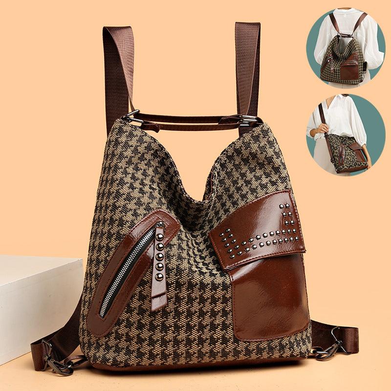 Houndstooth Backpack Women Fashion Rivet Design Leopard Shoulder Bags - Bloomjay