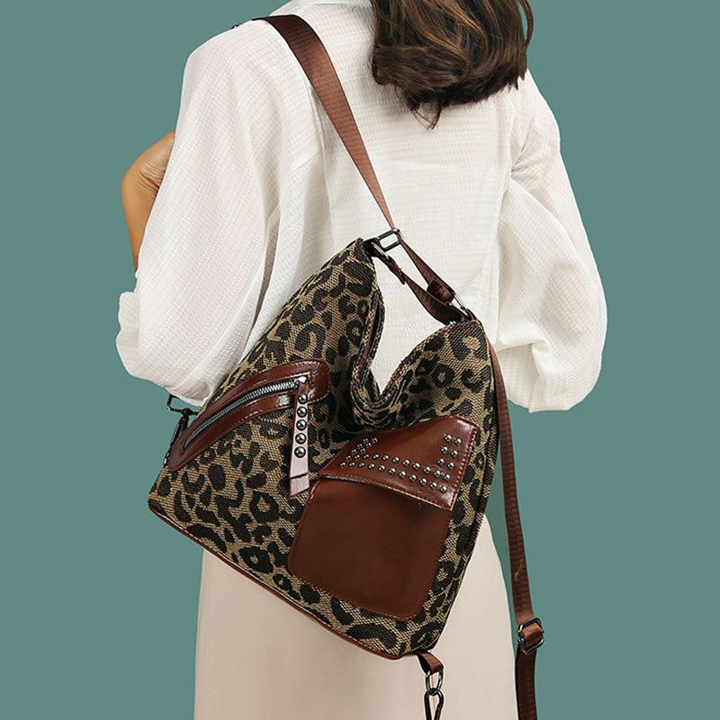 Houndstooth Backpack Women Fashion Rivet Design Leopard Shoulder Bags - Bloomjay