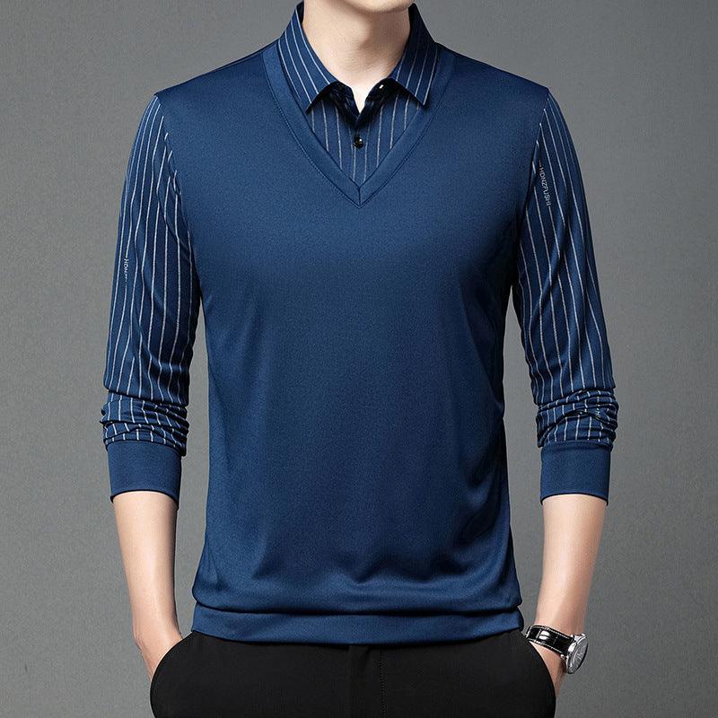 Men's Autumn False Two-piece Shirt Collar T-shirt Long Sleeve Knitwear Top - Bloomjay