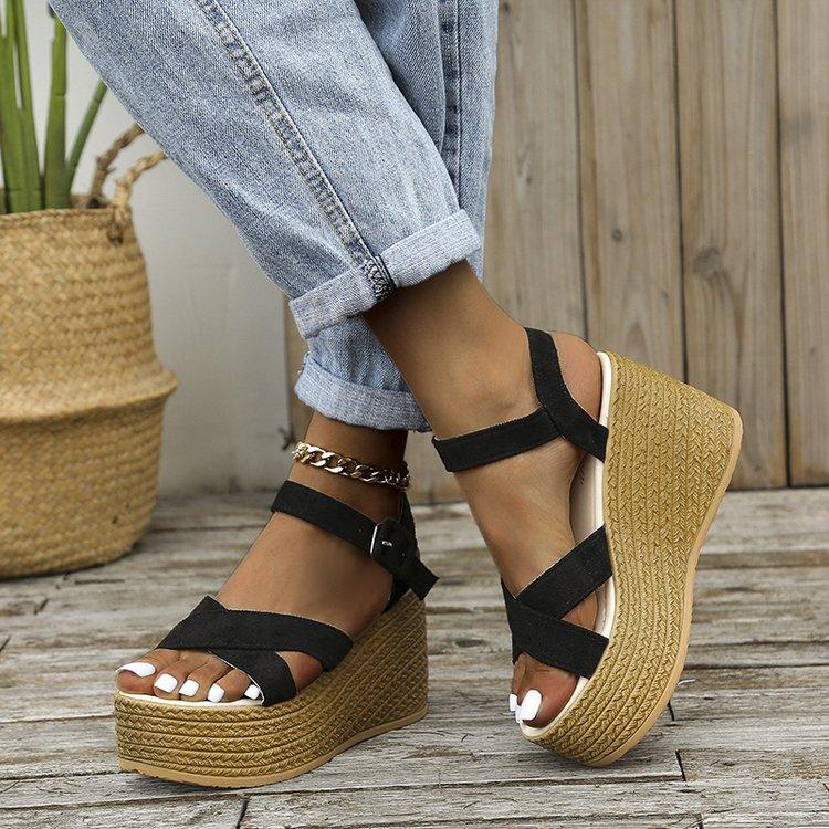 Wedge Sandals For Women Summer Casual Non-slip Cross-strap Platform Shoes With Hemp Heels Shoes - Bloomjay