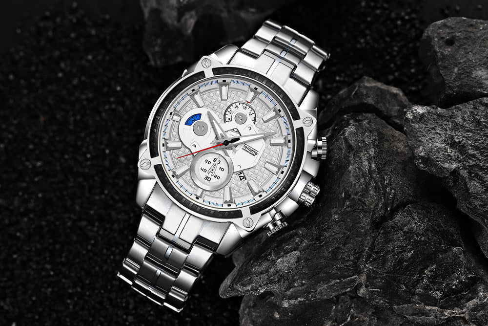 men''s watch fake three eyes luminous men''s watch fashion casual steel band waterproof watch t504g