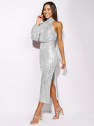 scarf slit evening dress one shoulder sequins