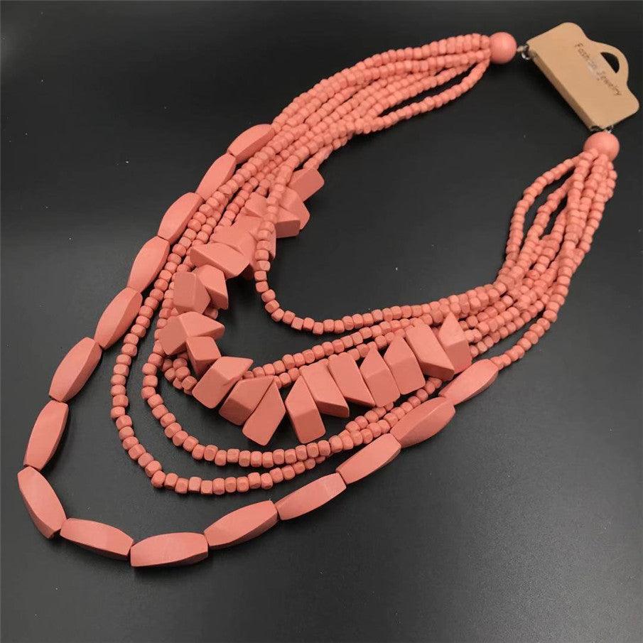 retro ethnic style colorful solid color wood beaded women's long necklace - Bloomjay