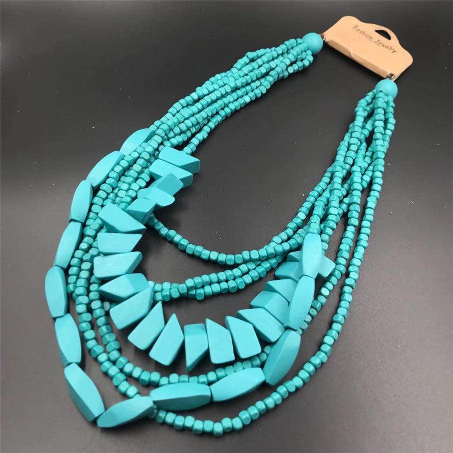 retro ethnic style colorful solid color wood beaded women's long necklace - Bloomjay