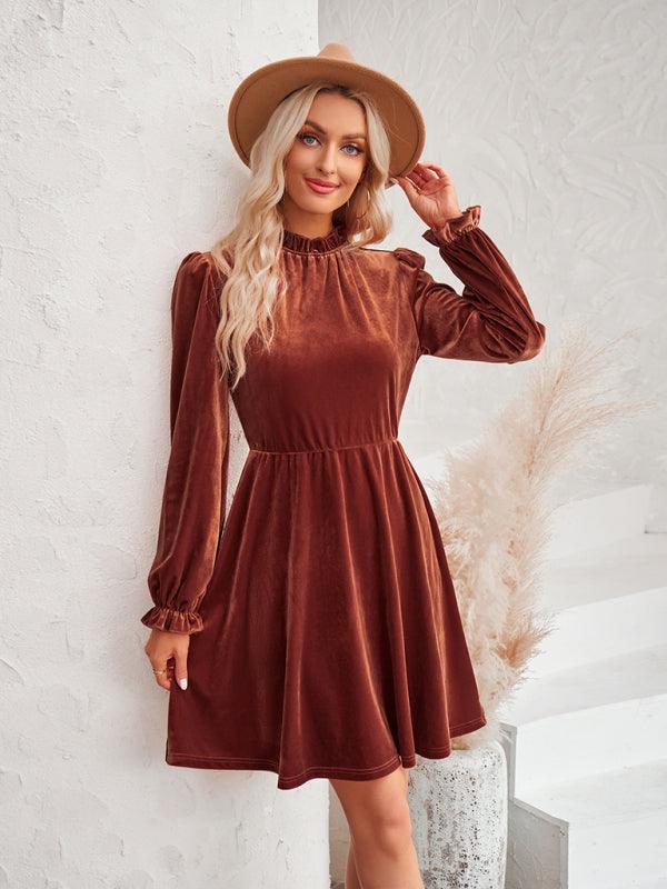Turtleneck velvet solid color waist dress - Bloomjay