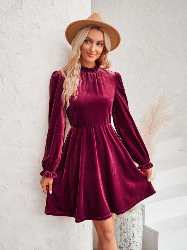 Turtleneck velvet solid color waist dress - Bloomjay