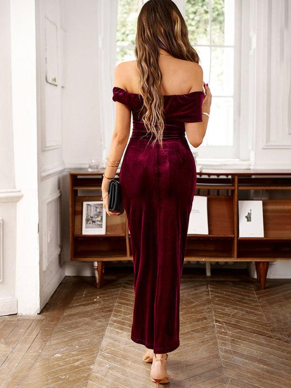 Women's elegant velvet one-shoulder party dress - Bloomjay