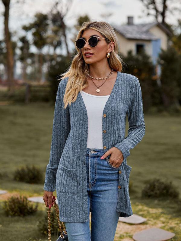 Brushed pitted solid color long-sleeved ladies cardigan - Bloomjay