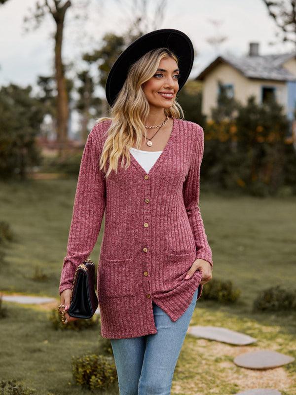 Brushed pitted solid color long-sleeved ladies cardigan - Bloomjay