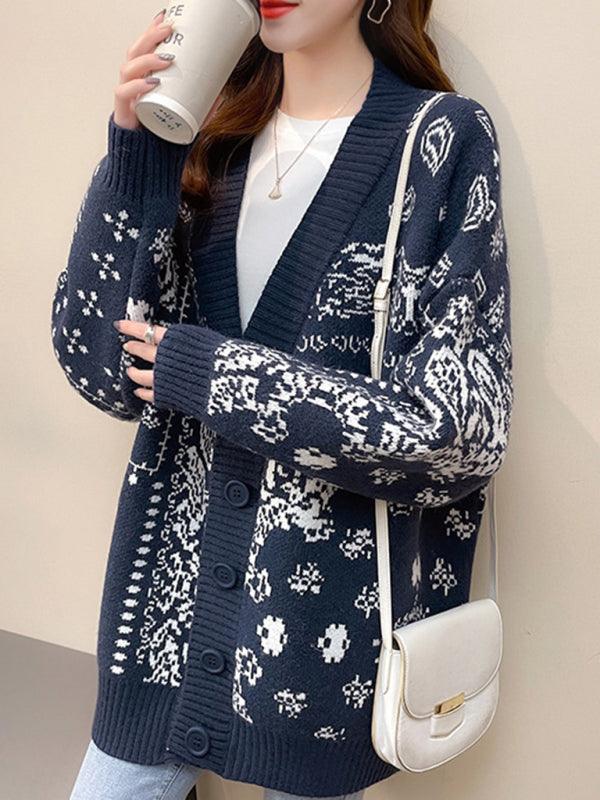 Christmas deer head snowflake jacquard pullover knitted cardigan - Bloomjay