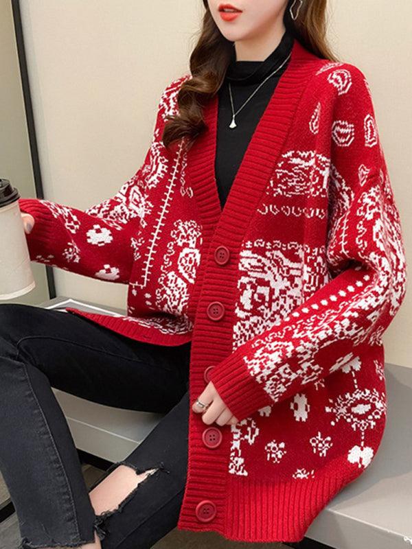 Christmas deer head snowflake jacquard pullover knitted cardigan - Bloomjay