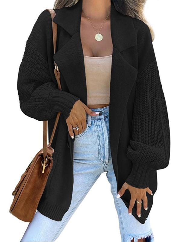 Women's suit collar long sleeve knitted jacket cardigan - Bloomjay