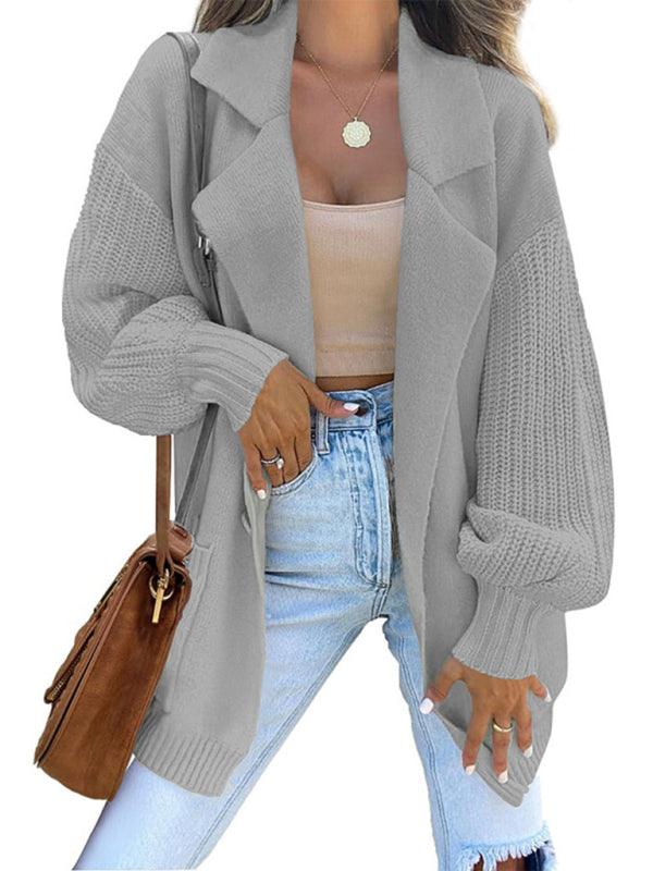 Women's suit collar long sleeve knitted jacket cardigan - Bloomjay