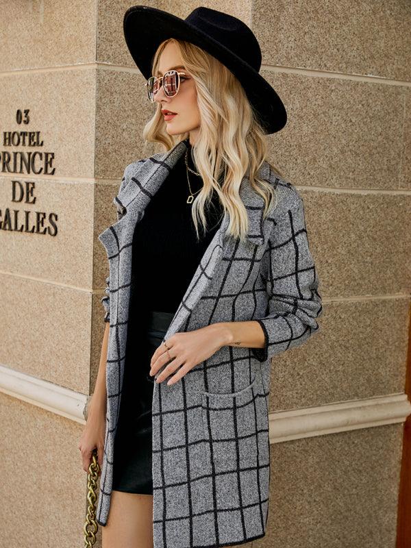 Women's houndstooth lapel knitted cardigan - Bloomjay