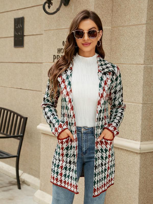 Women's houndstooth lapel knitted cardigan - Bloomjay