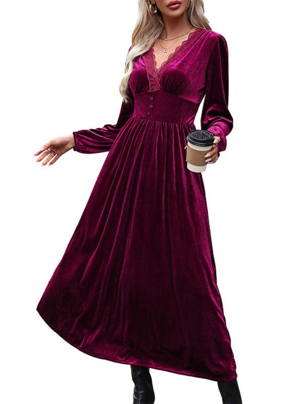 New women's velvet waist knitted long-sleeved dress - Bloomjay