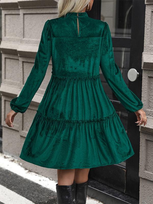 New women's green velvet long sleeve dress - Bloomjay